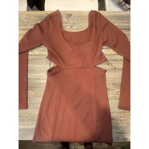 Open Edit Ribbed Cutout Mini Dress Size Small Long Sleeve Women Brown Chino. 7